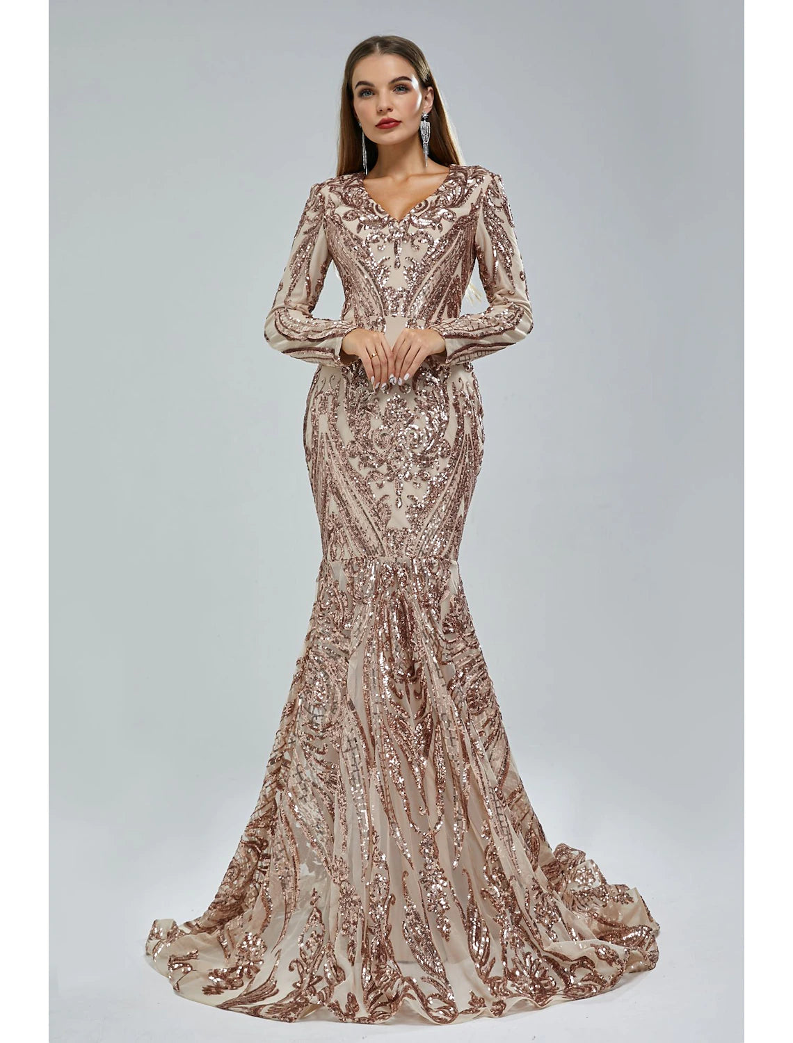 Mermaid / Trumpet Evening Gown Sparkle & Shine Dress Carnival Formal Court Train Long Sleeve V Neck African American Lace with Sequin