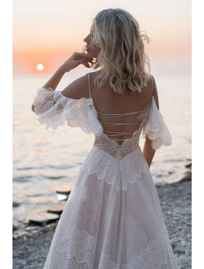 Beach Open Back Boho Wedding Dresses A-Line Off Shoulder Camisole Spaghetti Strap Sweep / Brush Train Lace Bridal Gowns With Lace 2023 Summer Wedding Party