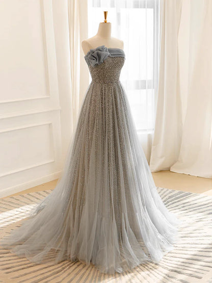 A-Line Gray Tulle Sequin Long Prom Dress