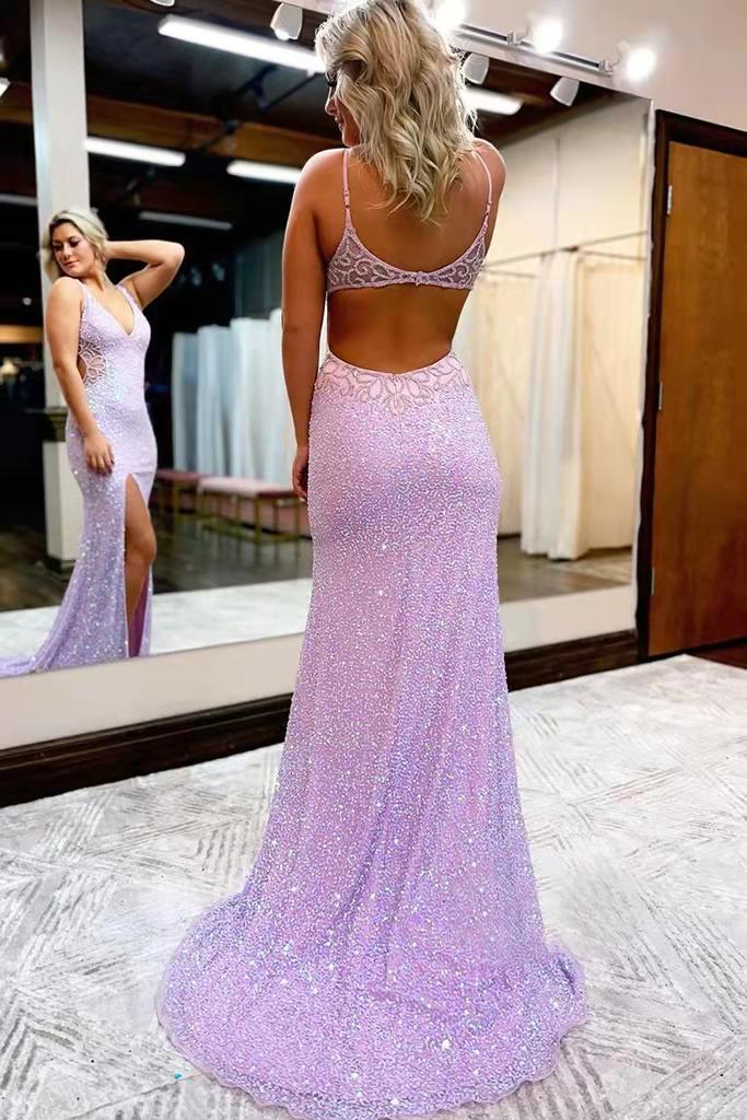 V Neck Sleeveless Long Prom Dress Sparkly Sequined Evening Dress