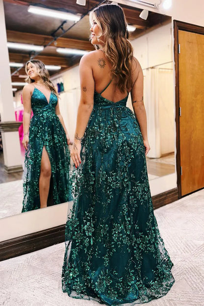 Dark Green Sequin Lace V Neck Long Prom Dress with Slit