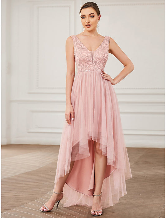 A-Line Bridesmaid Dress V Neck Sleeveless Elegant Short / Mini Lace / Tulle with Draping / Ruching / High Low