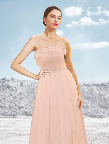 A-Line Evening Gown Elegant Dress Formal Sweep / Brush Train Sleeveless Strapless Tulle with Pleats