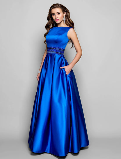 A-Line Elegant Dress Wedding Guest Floor Length Sleeveless Boat Neck Pocket Satin with Pleats Beading