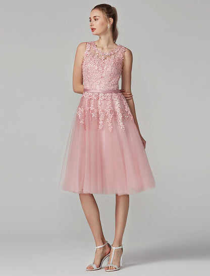 A-Line Cute Dress Cocktail Party Knee Length Sleeveless Illusion Neck Tulle Over Lace with Beading Appliques