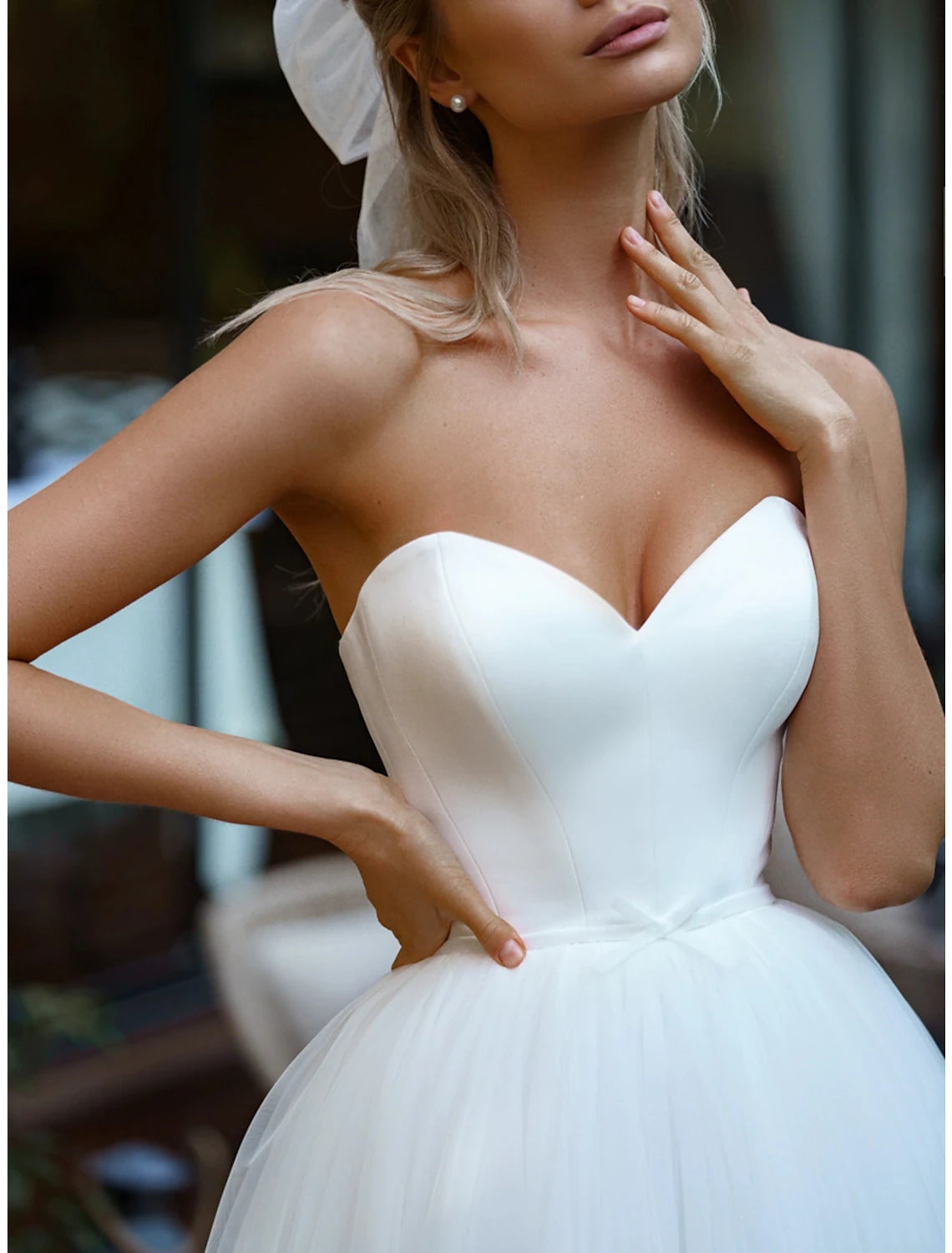 Hall Casual Wedding Dresses A-Line Off Shoulder Long Sleeve Court Train Satin Bridal Gowns With Sash / Ribbon