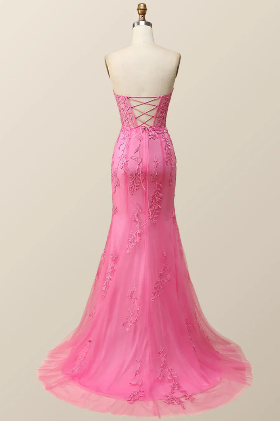 Strapless Hot Pink Lace Mermaid Long Prom Dress