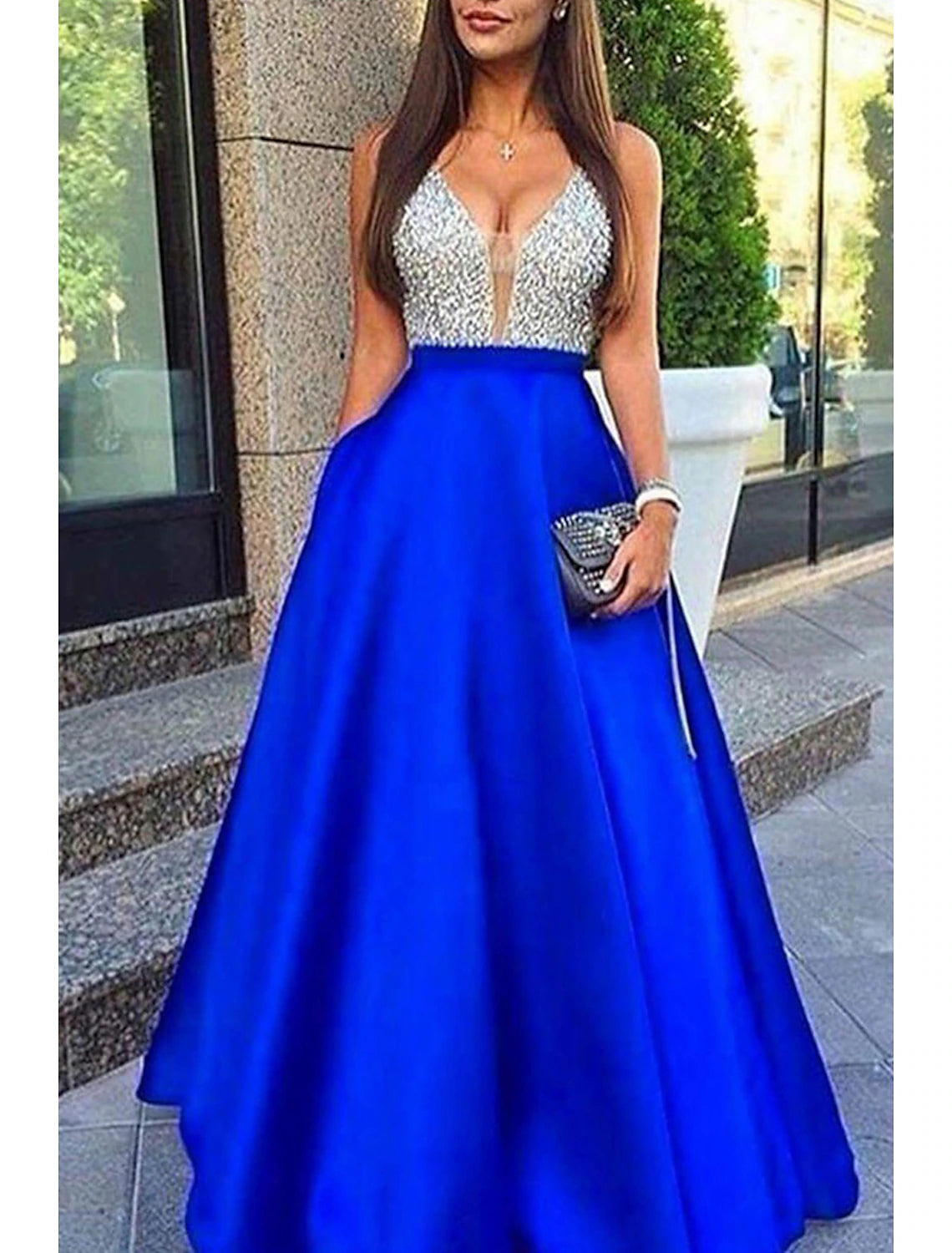 A-Line Prom Dresses Sparkle & Shine Dress Formal Floor Length Sleeveless V Neck Pocket Stretch Satin Backless V Back with Beading Pocket