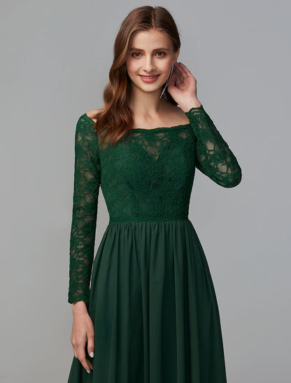 A-Line Bridesmaid Dress Off Shoulder Long Sleeve Elegant Floor Length Chce wiiffon / Lath Lace