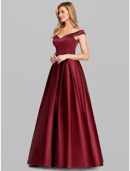 Ball Gown Elegant Quinceanera Prom Birthday Dress Off Shoulder Short Sleeve Floor Length Satin with Pleats