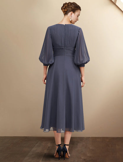 A-Line Mother of the Bride Dress Plus Size Elegant V Neck Tea Length Chiffon 3/4 Length Sleeve with Pleats Ruched