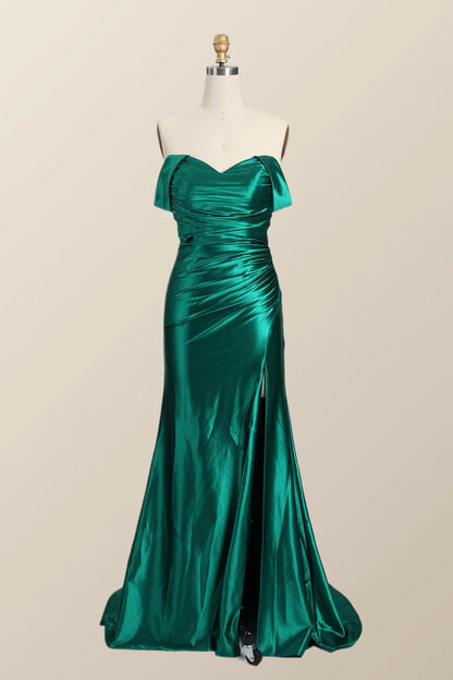 Off the Shoulder Green Satin Mermaid Prom Dress