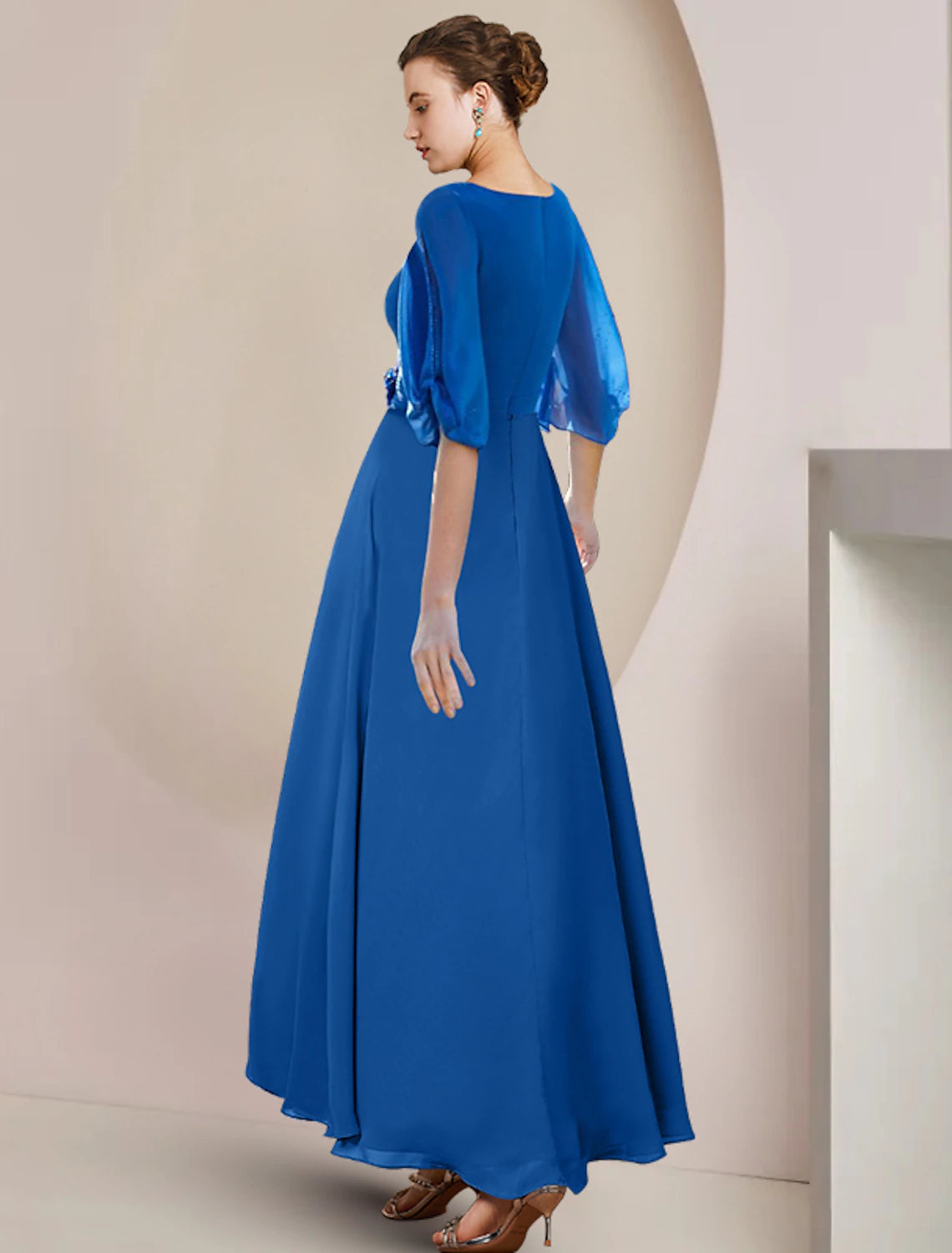 A-Line Mother of the Bride Dress Wedding Guest Party Elegant V Neck Asymmetrical Chiffon Half Sleeve with Crystal Brooch Ruching