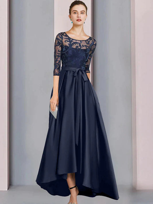 A-Line Mother of the Bride Dress Wedding Guest Elegant High Low Scoop Neck Asymmetrical Floor Length Satin Lace Half Sleeve with Bow(s) Pleats Appliques