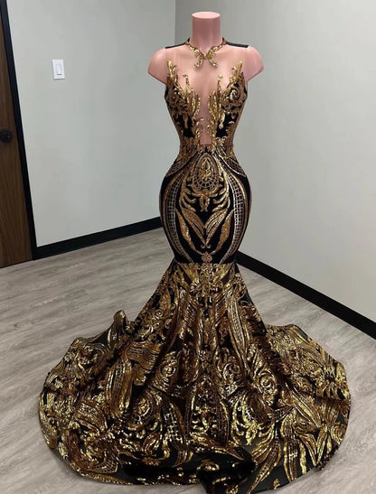 Mermaid / Trumpet Evening Gown Elegant Dress Formal Court Train Sleeveless Illusion Neck African American Sequined with Sequin