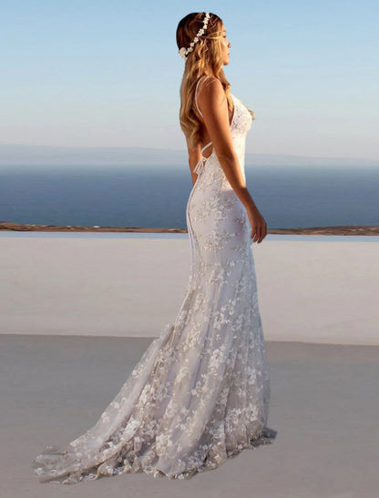 Beach Open Back Boho Wedding Dresses Mermaid / Trumpet Sweetheart Camisole Spaghetti Strap Sweep / Brush Train Lace Bridal Gowns With Appliques Summer Wedding Party