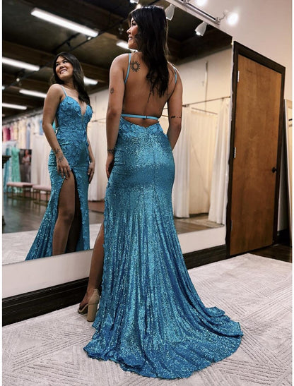 Mermaid / Trumpet Prom Dresses Sparkle & Shine Dress Formal Sweep / Brush Train Sleeveless V Neck Sequined Backless with Sequin Appliques