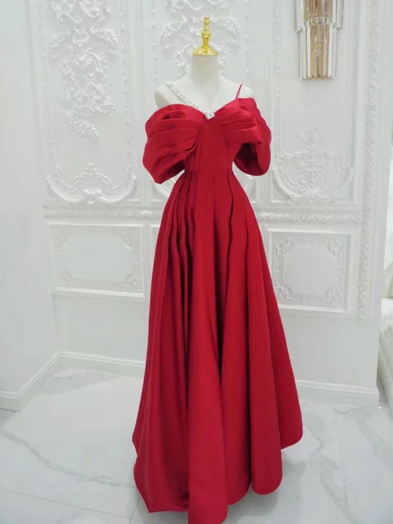 A-Line Off Shoulder Satin Red Long Prom Dress