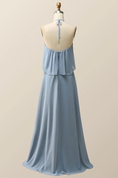 Halter Misty Blue Ruffle Chiffon Long Bridesmaid Dress