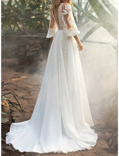 Engagement Formal Fall Wedding Dresses A-Line V Neck 3/4 Length Sleeve Court Train Chiffon Bridal Gowns With Appliques Solid Color Summer Wedding Party, Women's Clothing