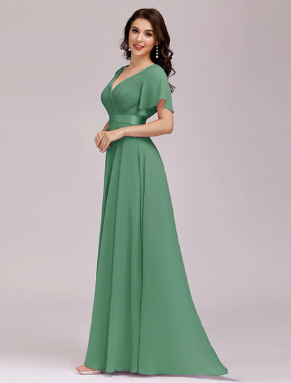 A-Line Empire Fall Wedding Guest Dress For Bridesmaid Plus Size Formal Evening Dress V Neck Short Sleeve Floor Length Chiffon with Pleats Ruched