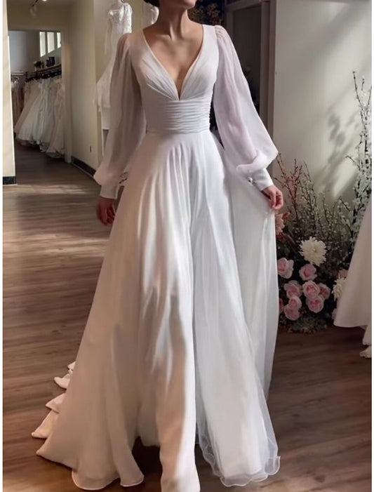 Formal Wedding Dresses A-Line V Neck Long Sleeve Court Train Chiffon Bridal Gowns With Pleats Ruched