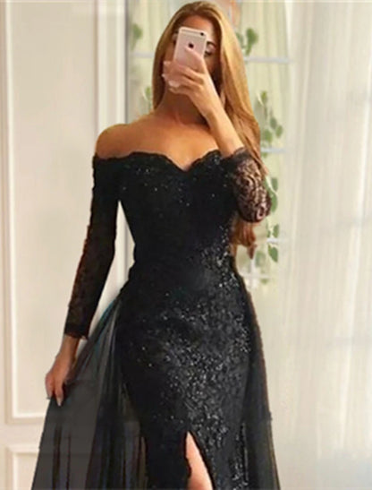 Mermaid / Trumpet Evening Gown Floral Dress Formal Sweep / Brush Train Long Sleeve Off Shoulder Fall Wedding Reception Chiffon with Slit Appliques