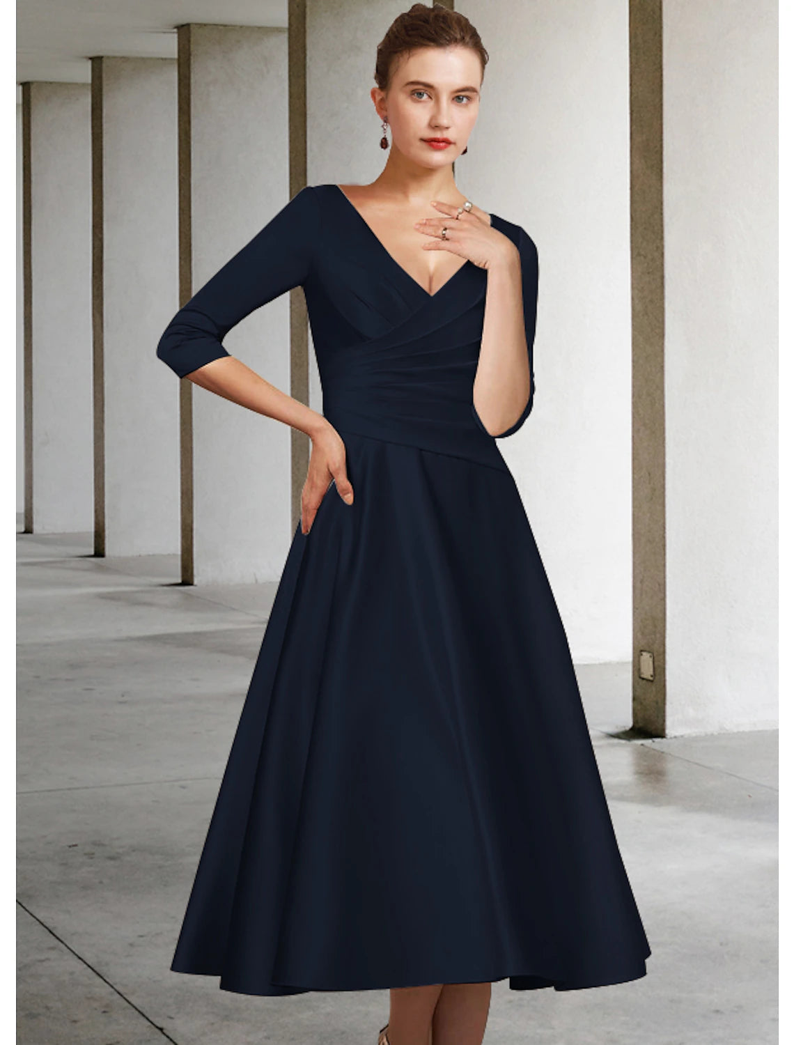 A-Line Mother of the Bride Dress Elegant V Neck Tea Length Satin Half Sleeve with Pleats Ruching