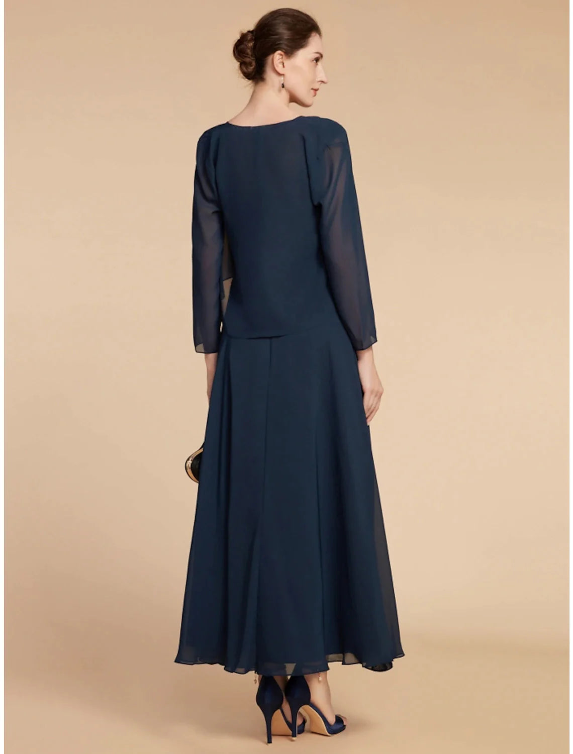 A-Line Mother of the Bride Dress Wedding Guest Elegant Jewel Neck Ankle Length Chiffon Lace Long Sleeve with Ruching Solid Color