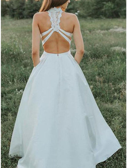 Beach Open Back Boho Wedding Dresses Two Piece Halter Neck Sleeveless Floor Length Satin Bridal Gowns With Pleats Appliques