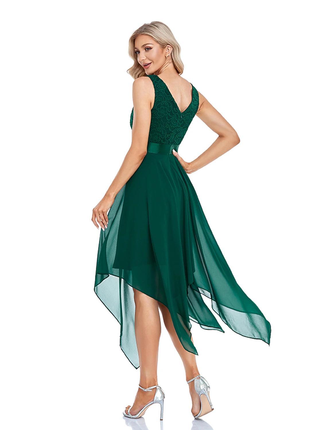 A-Line Cocktail Dresses Party Dress Homecoming Wedding Guest Asymmetrical Sleeveless V Neck Chiffon V Back with Pure Color Splicing