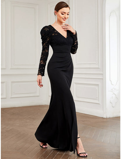 A-Line Evening Gown Vintage Dress Formal Prom Floor Length Long Sleeve V Neck Lace with Pure Color