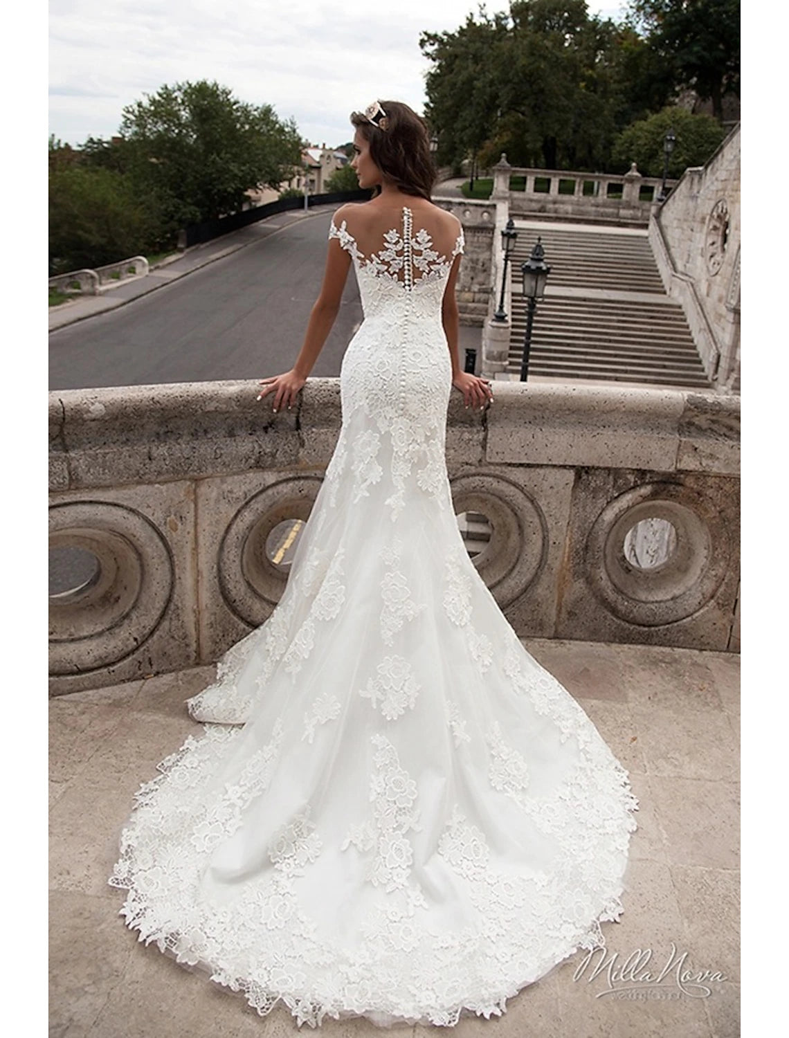 Engagement Open Back Formal Wedding Dresses Mermaid / Trumpet Off Shoulder Cap Sleeve Court Train Lace Bridal Gowns With Appliques Summer Wedding Party