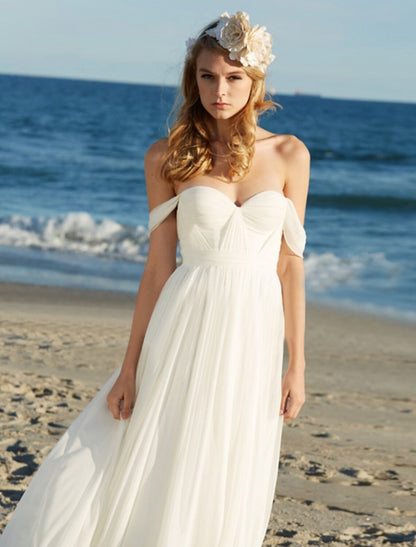 Beach Sexy Boho Wedding Dresses A-Line Off Shoulder Cap Sleeve Floor Length Chiffon Bridal Gowns With Pleats Solid Color 2023 Summer Wedding Party