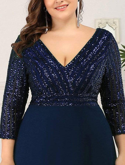 A-Line Evening Gown Plus Size Dress Wedding Guest Floor Length 3/4 Length Sleeve V Neck Chiffon V Back with Sequin