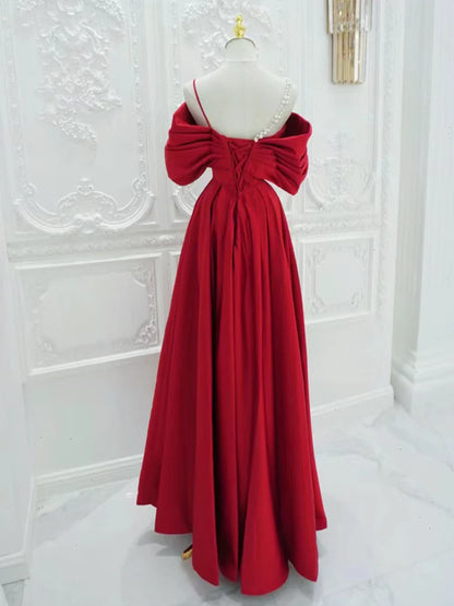 A-Line Off Shoulder Satin Red Long Prom Dress