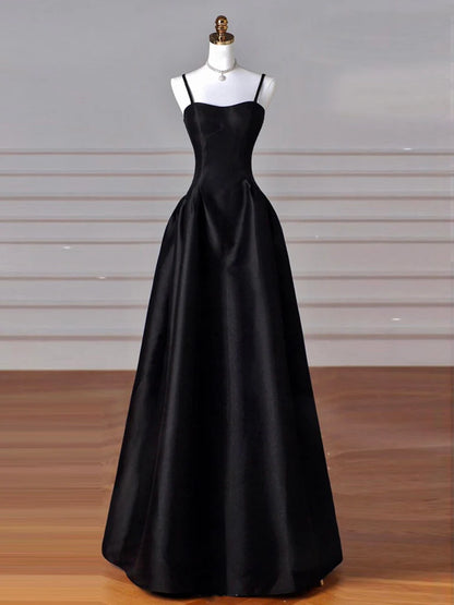 A-Line Sweetheart Neck Satin Black Long Prom Dress