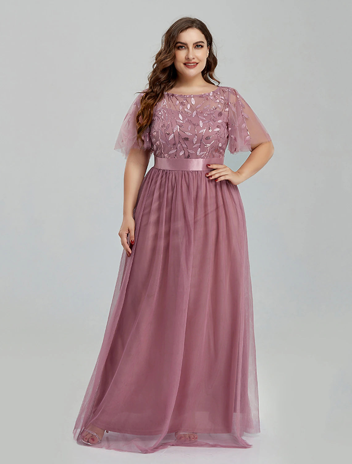 A-Line Prom Dresses Elegant Dress Party Wear Floor Length Short Sleeve Jewel Neck Tulle with Embroidery Splicing