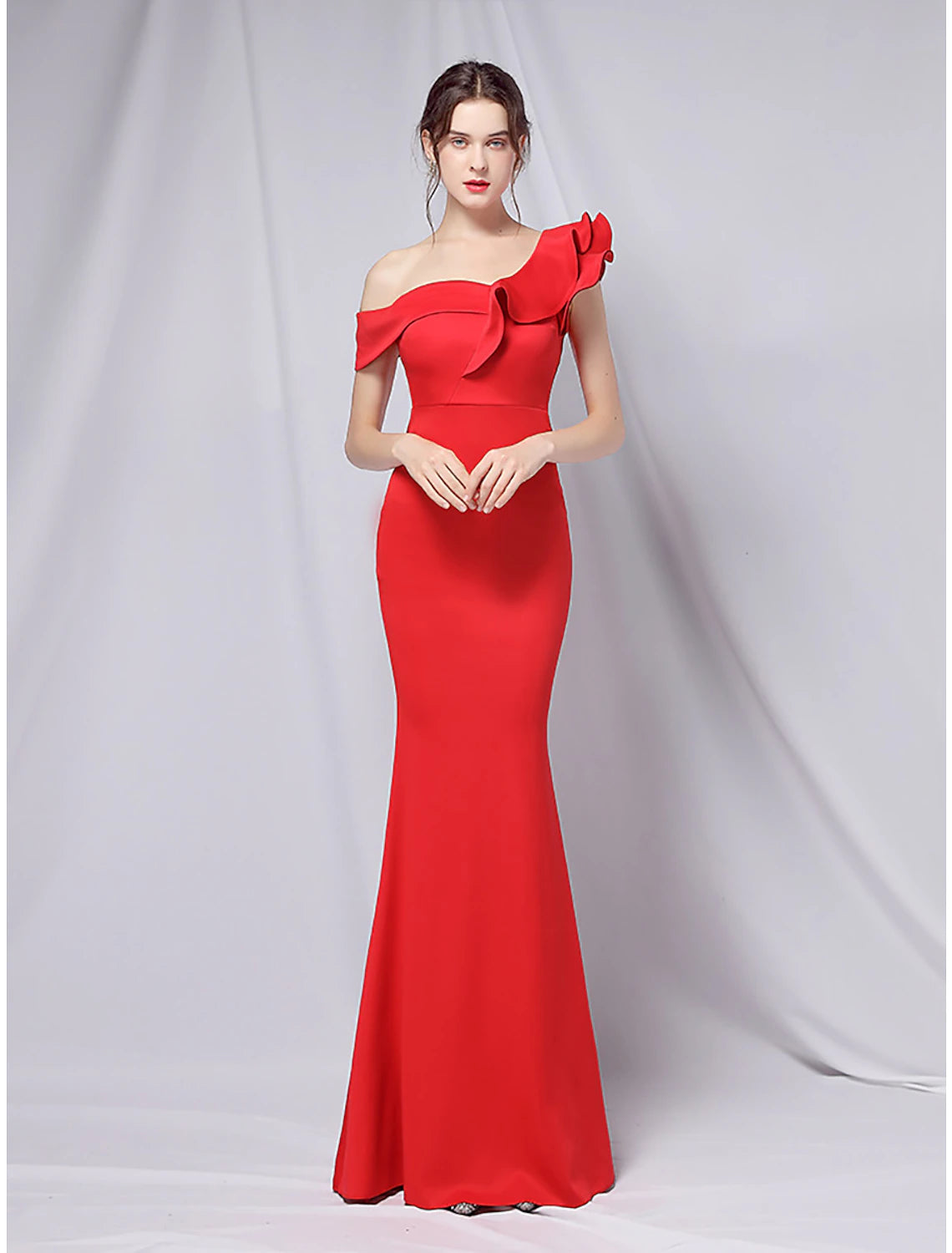 Mermaid / Trumpet Evening Gown Empire Dress Wedding Guest Floor Length Short Sleeve One Shoulder Stretch Satin with Ruffles