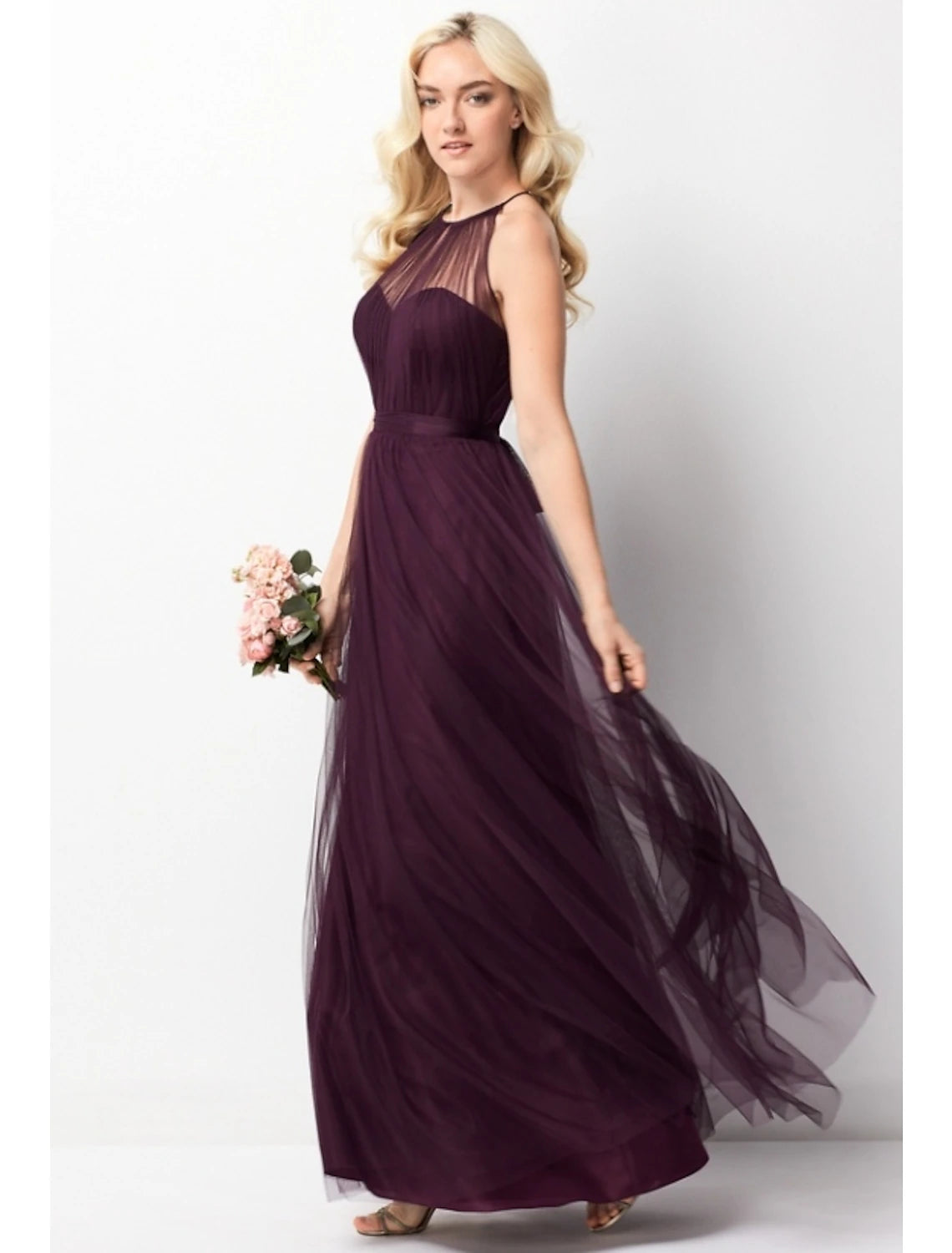 A-Line Bridesmaid Dress Halter Neck Sleeveless Elegant Floor Length Chiffon / Tulle with