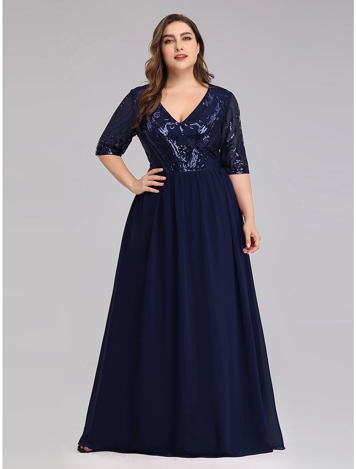 A-Line Prom Dresses Plus Size Dress Wedding Guest Prom Floor Length Half Sleeve Plunging Neck Chiffon with