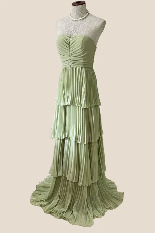 Sage Green Chiffon Pleated Chiffon Tiered Prom Dress