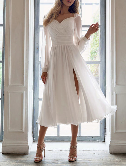 Bridal Shower Little White Dresses Fall Wedding Dresses A-Line Sweetheart Long Sleeve Tea Length Chiffon Bridal Gowns With Ruched Split Front Summer Wedding Party, Women's Clothing