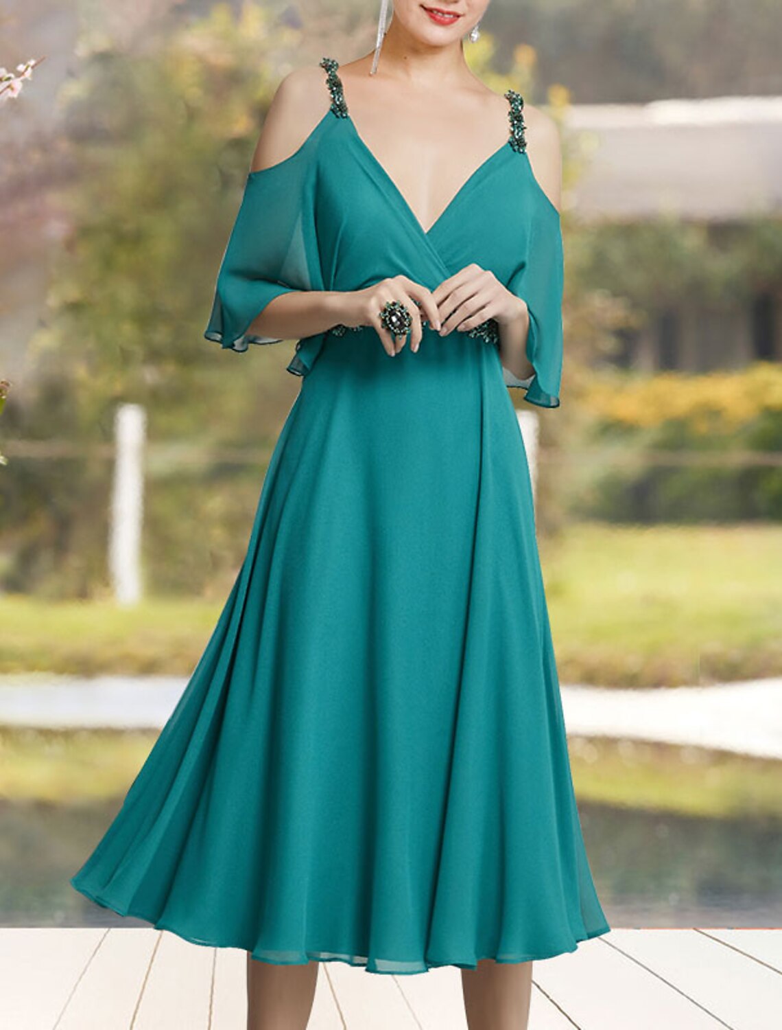 A-Line Mother of the Bride Dress Elegant Sweet V Neck Tea Length Chiffon Sleeveless with Sash / Ribbon Beading