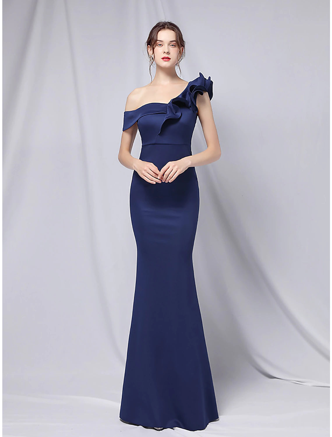 Mermaid / Trumpet Evening Gown Empire Dress Wedding Guest Floor Length Short Sleeve One Shoulder Stretch Satin with Ruffles