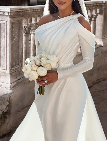 Formal Wedding Dresses Two Piece One Shoulder Long Sleeve Floor Length Satin Bridal Gowns With Sash / Ribbon Beading