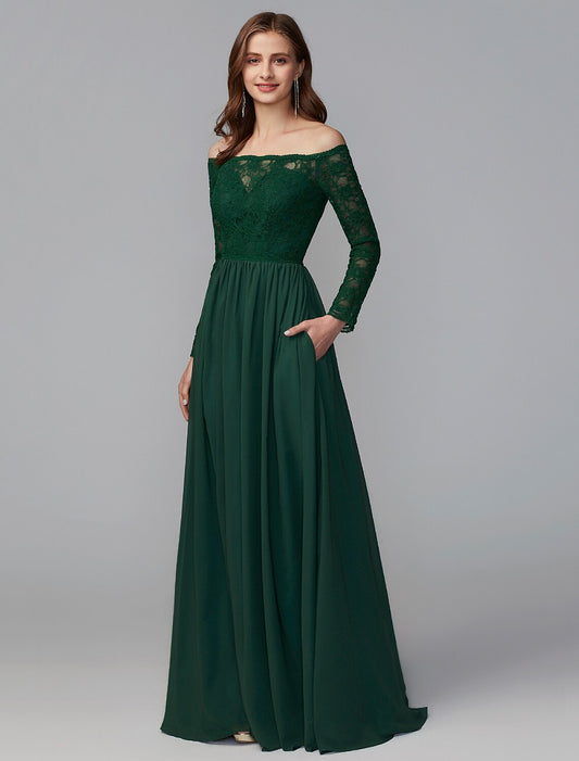 A-Line Bridesmaid Dress Off Shoulder Long Sleeve Elegant Floor Length Chce wiiffon / Lath Lace