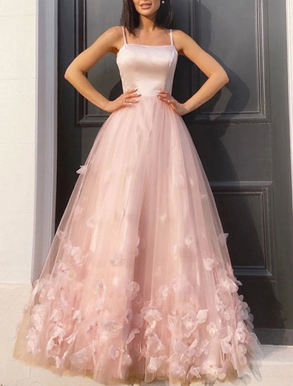 A-Line Prom Dresses Floral Dress Performance Floor Length Sleeveless Spaghetti Strap Tulle with Pleats Appliques