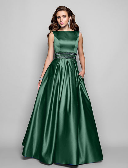 A-Line Elegant Dress Wedding Guest Prom Floor Length Sleeveless Boat Neck Pocket Satin with Pleats Beading