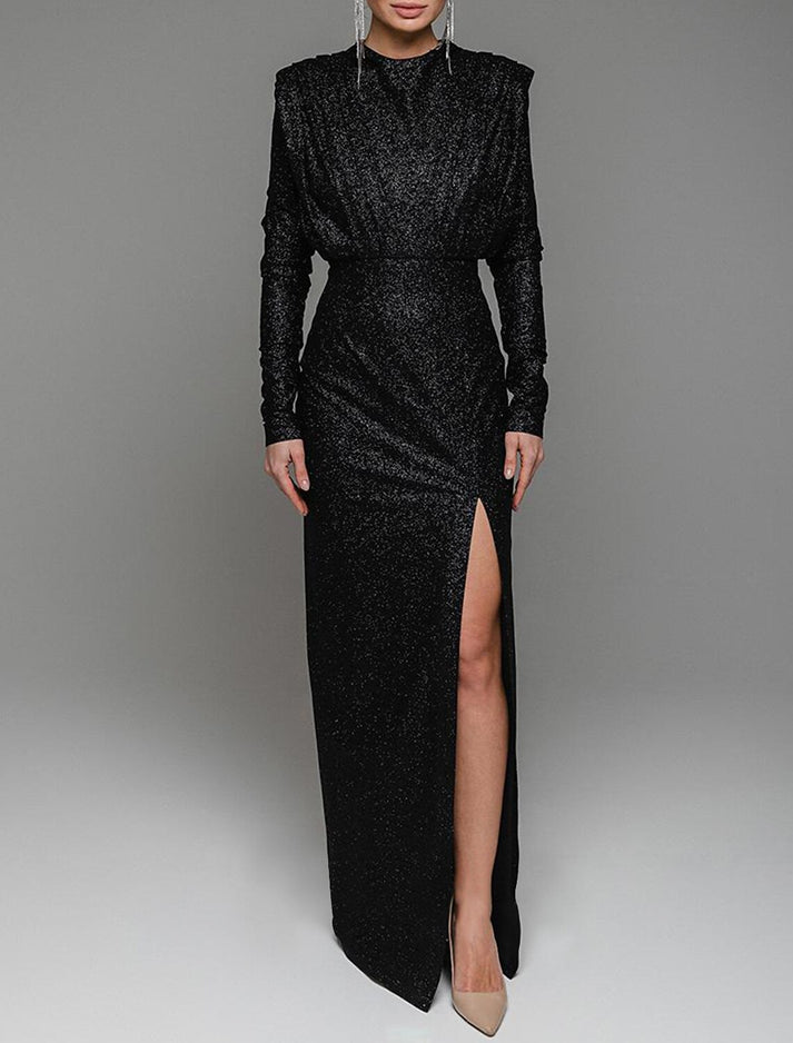 Black Sheath Beading Evening Dresses One Shoulder Long Sleeve Crystal c2594